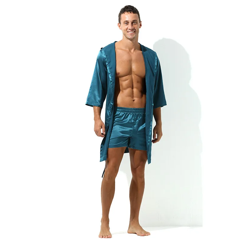 Hot Selling Men Summer Bathrobe Male Silk Short Sleeve Bath Robe Sexy Mens Dressing Gown Bathrobes(No shorts)