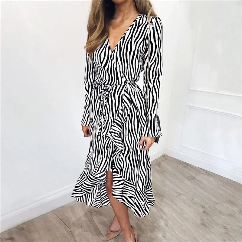 

Zebra Print Long Dresses 2023 Summer Women Beach Bohemian Maxi Dress Casual Long Sleeve V Neck Ruffles Party Lacing Retro Dress