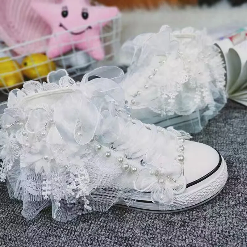 Hand-made high top white inner increase thick soles canvas shoes White pearl ribbon casual shoes large size women 35-40