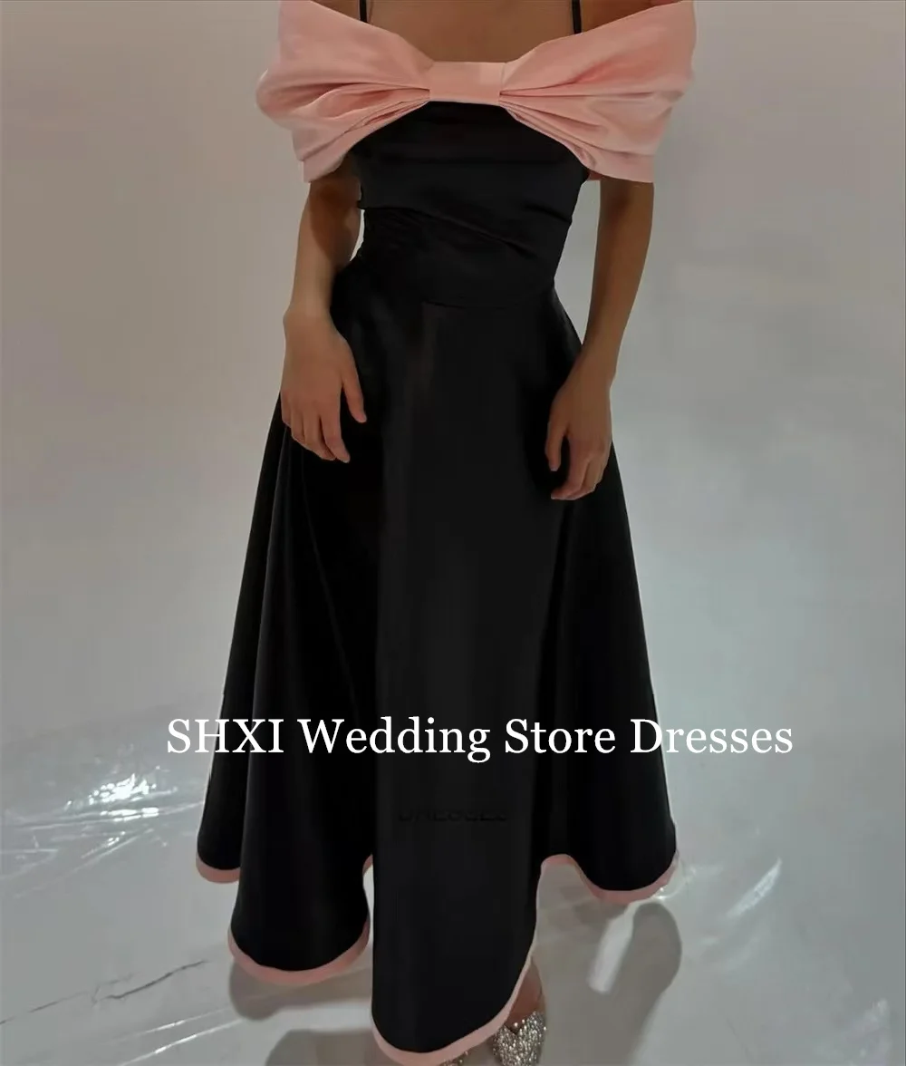 SHXI Semplice Nero Rosa Una Linea Abiti da ballo Personalizzato Senza Spalline Off Spalla Abito da Sera Del Partito Abiti da festa in Raso
