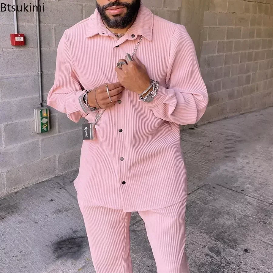 2024 Men\'s Casual Long Sleeve Two Piece Sets Pink Turn-down Collar Ribbed Corduroy Shirts and Pants Sets Men\'s 2PCS Outfits Sets