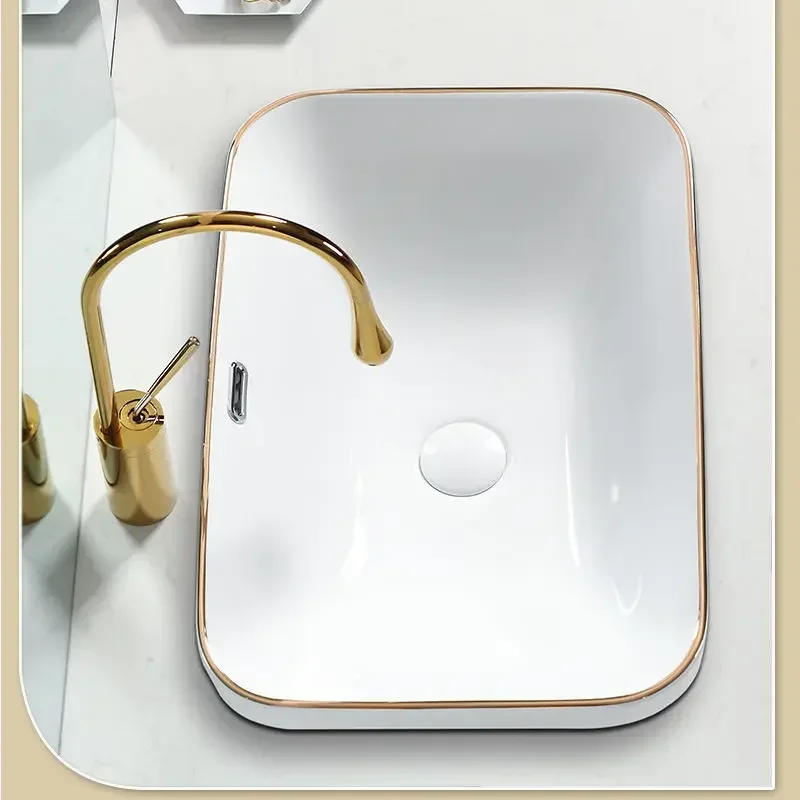 5 Sizes White Ceramic Bathroom Sinks Modern Golden Edge Washing Sink Simple Embedding Washbasins Square Wash Basin