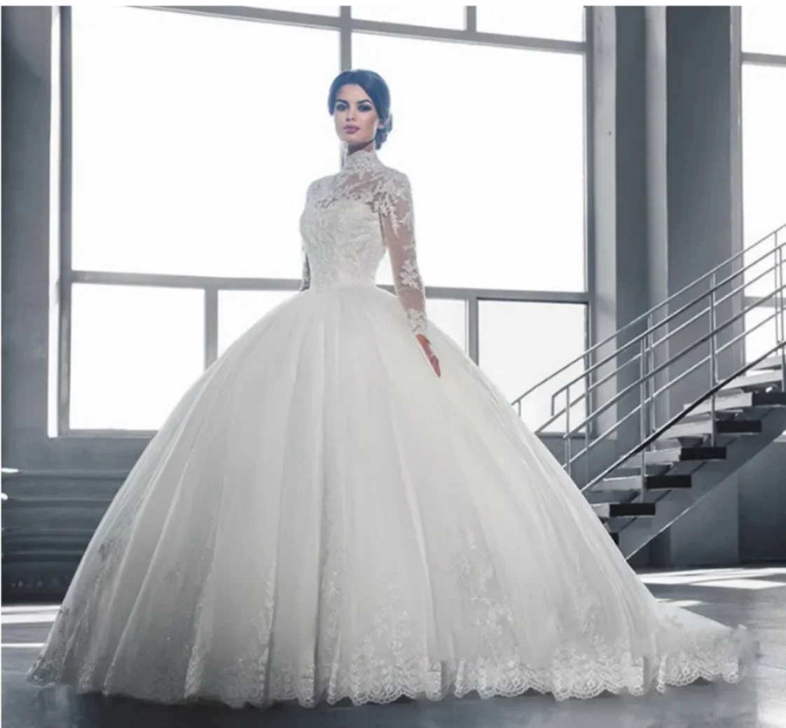 Vestido de novia musulmán de lujo, traje de princesa con cuello alto, manga larga, Apliques de encaje, línea A, árabe, baile de graduación, novedad de 2024