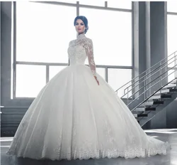 2024 nuovo abito da sposa di lusso musulmano collo alto manica lunga Appliques di pizzo a-line abito da sposa arabo abito da ballo principessa abito da ballo