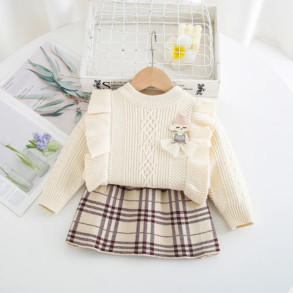 Two-piece Dress Gauze Little Doll Accessories Laciness Sweater+tartan Skirt Girls Sweater  Pullovers for Kids  Knitted Sweater