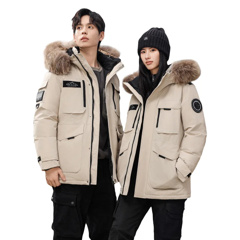 Down jacket men's and women's winter new workwear big fur collar men's hooded assault jacket outdoor loose style overcome