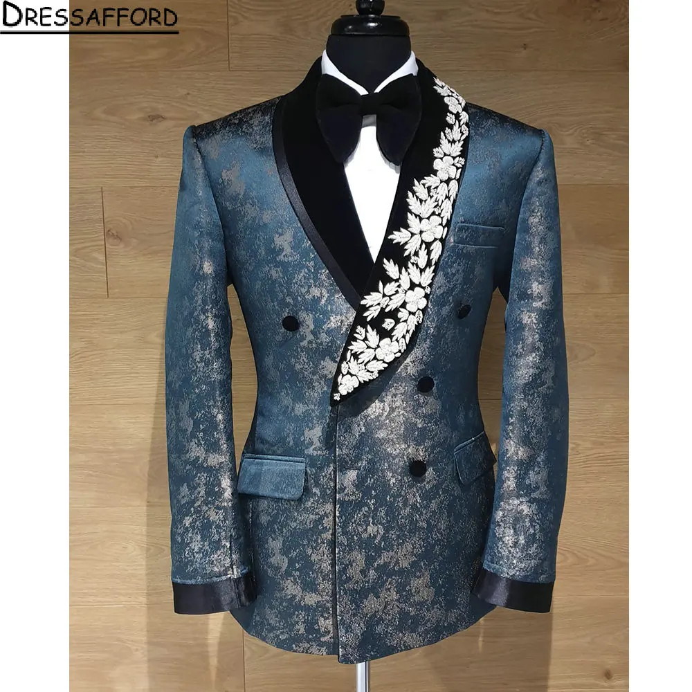 Navy Blue Jacquard Groom Wear Appliques Lace Formal Men Suits 2 Piece Jacket And Pants Sets Smart Casual Business Blazer