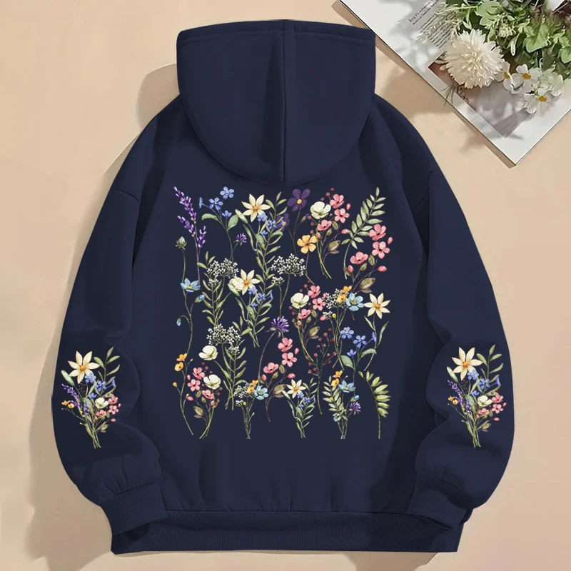 Women\'s Y2K Hoodies Vintage Wild Flower Print Loose Sweatshirt Long Sleeve Pocket Women Pullover Boho Plant Style Flower Hoody