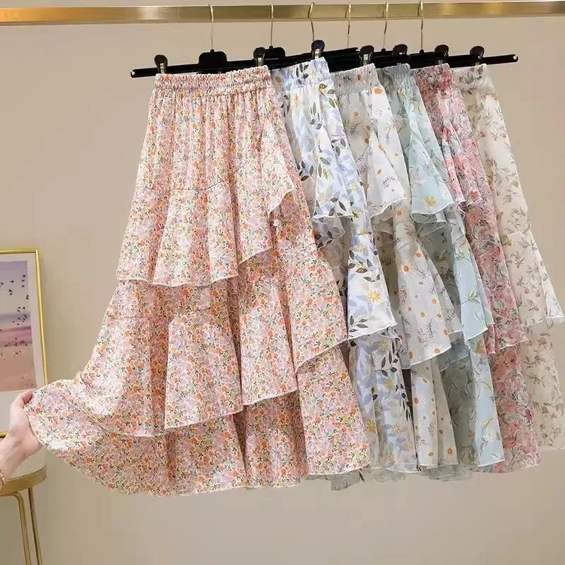 

Floral Printed Long Chiffon Skirt for Women Elastic High Waist Max Pleated A-line Asymmetrical Flounce Skirt Female 2024 Summer