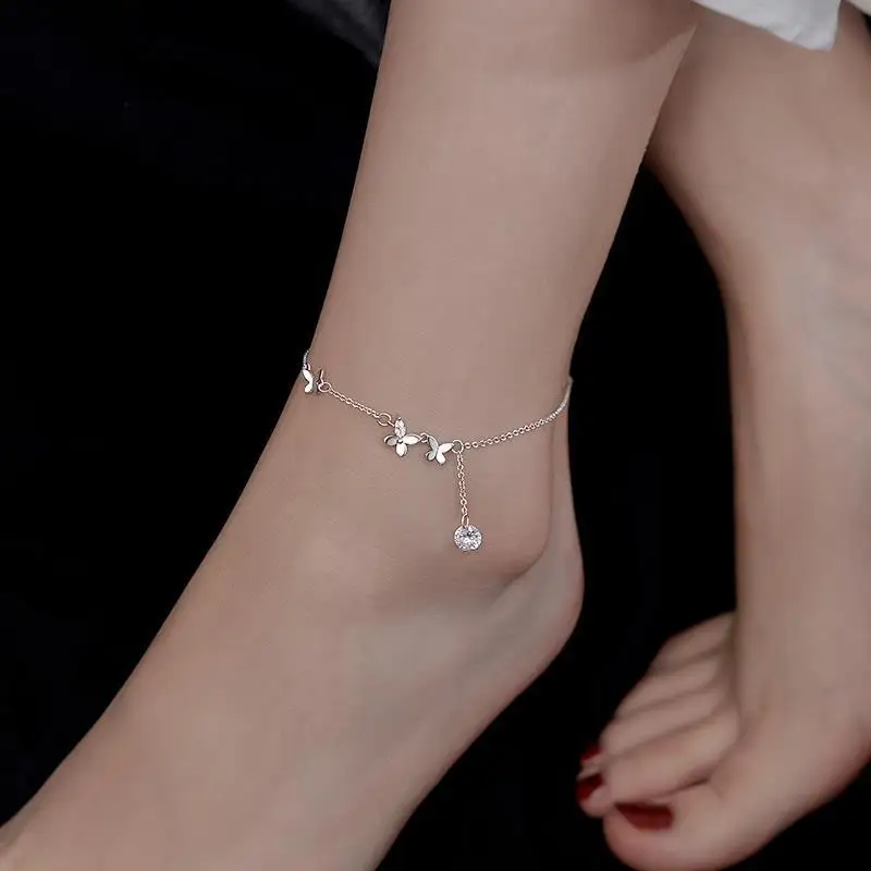 Summer 925 Sterling Silver Butterfly Feet Chain Sweet Flower Zircon Tassel Feet Chain Women\'s Wedding Party Jewelry