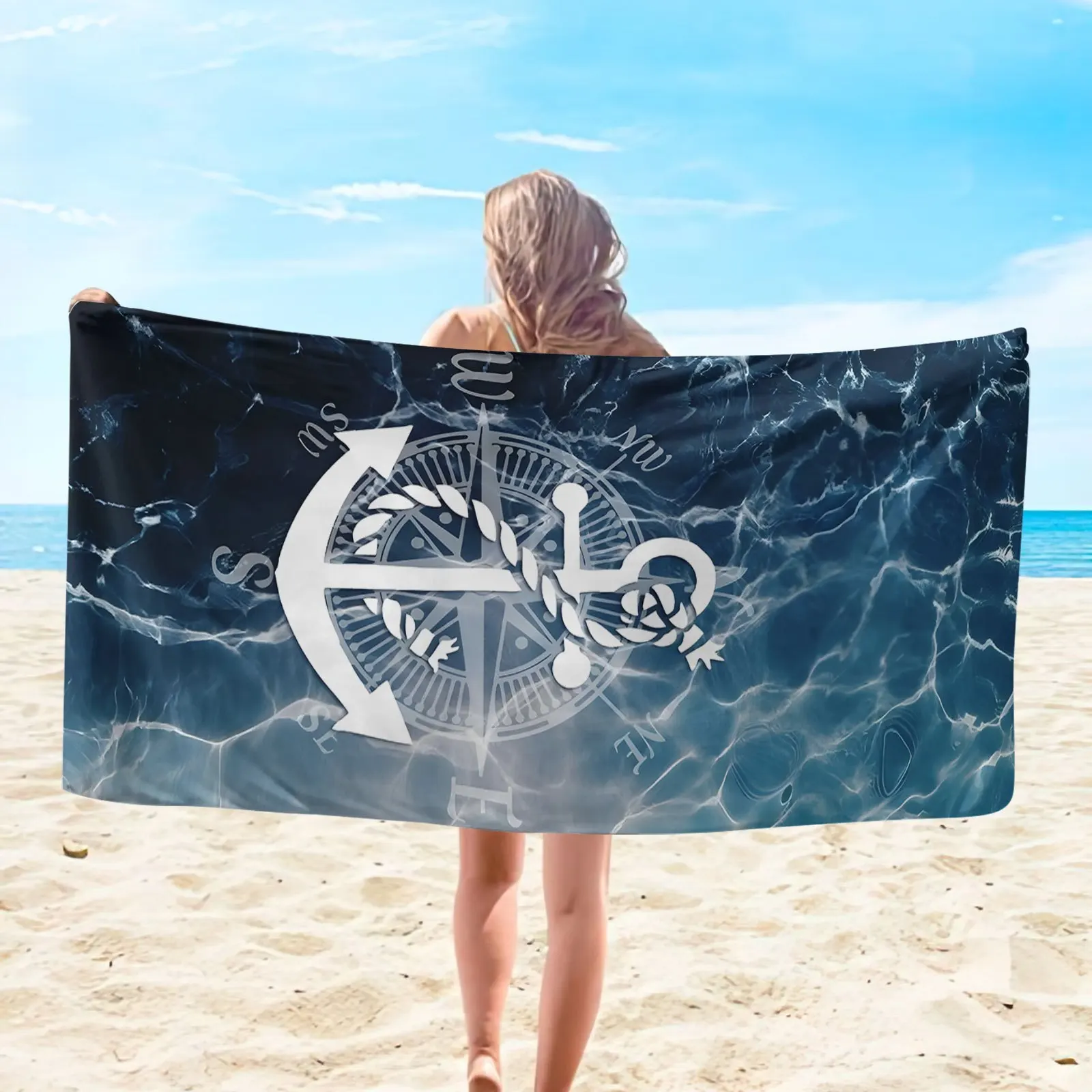 Large Nautical Anchor Pattern Beach Towel - Soft, Absorbent Microfiber, Sun-Protective, Bohemian Style - Ideal for Summer Beach