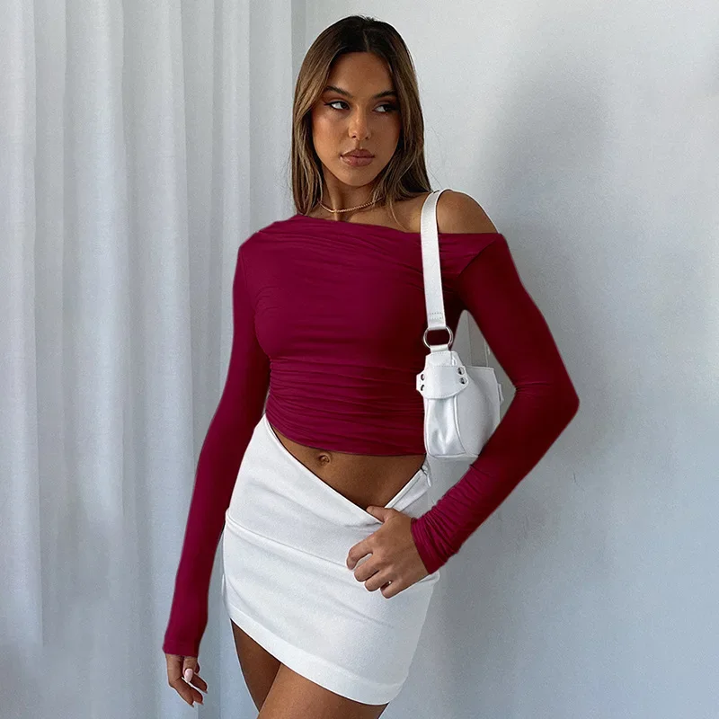 

2024 Women's Spring Instagram New Solid Color Slanted Shoulder Long Sleeve Pleated Open Navel Top T-shirt for Women YBF45-3