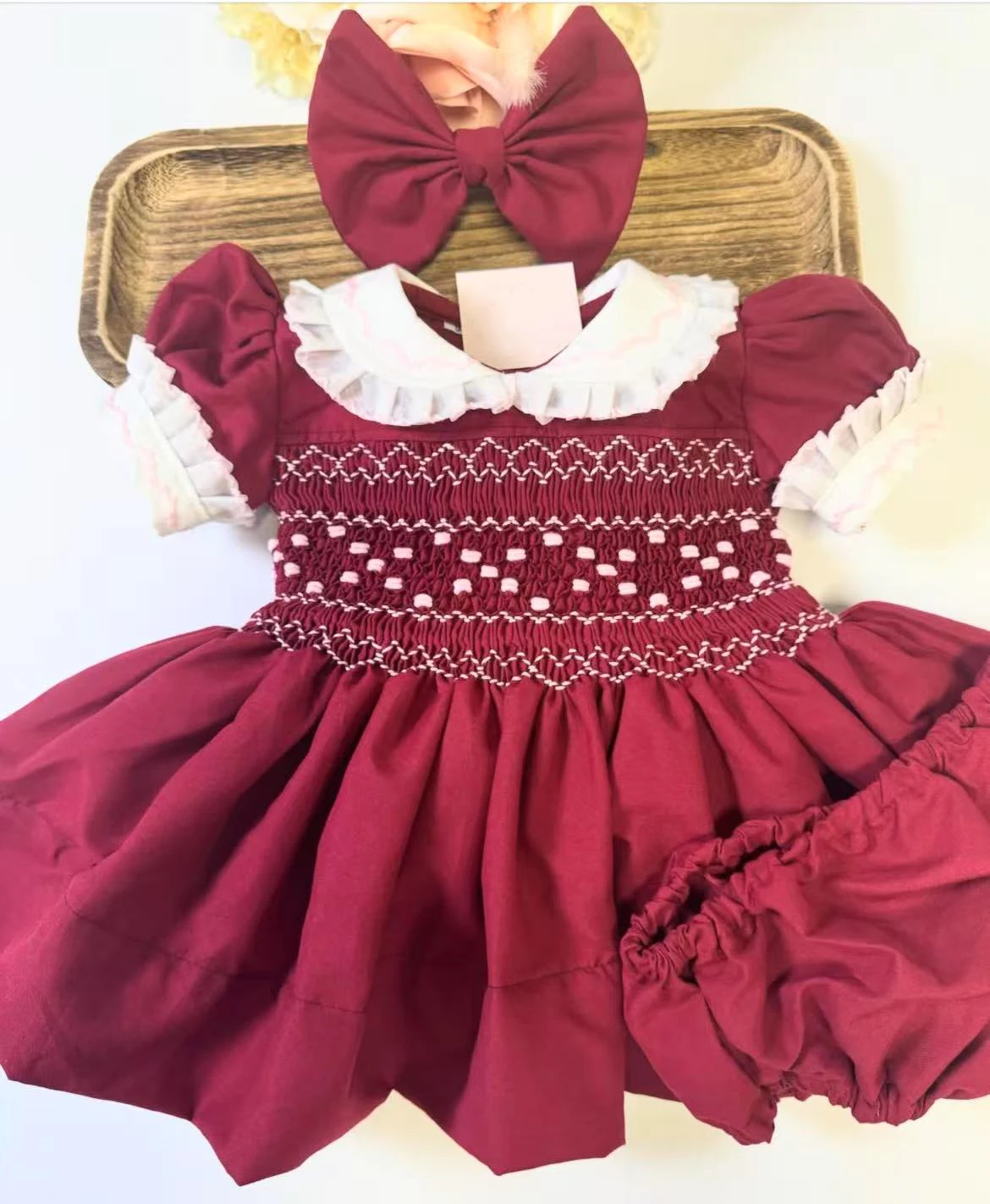0-12Y Baby Girl Summer Burgandy  Handmade Embroidery Smocked Dress for Christmas Eid Birthday Party Holiday  Casual A188