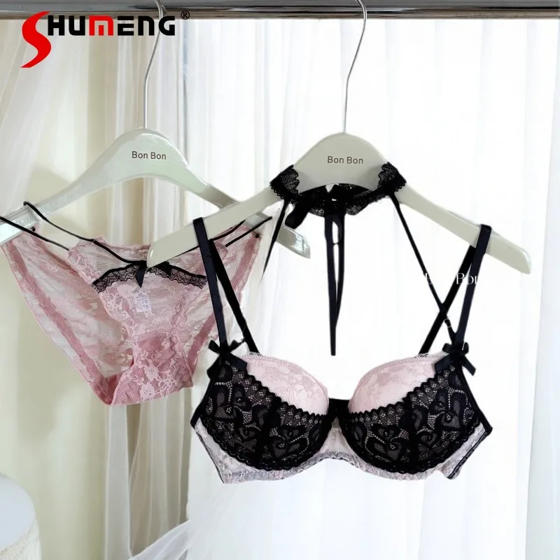 

Push Up Small Bust Bra Sets Female French Style Sexy Lace Lingerie with Bowknot Women's Halter Neck Thin Bottom Intimates