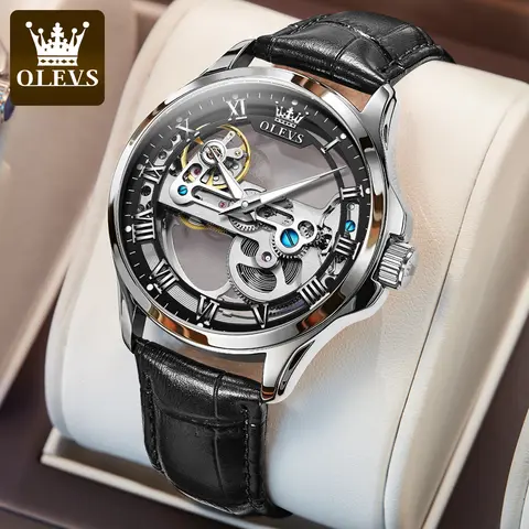 OLEVS 6661 Volltransparente Skelton Schwungrad Automatische Mechanische Herrenuhr Lederband Luxusmarke Original Mann Armbanduhr