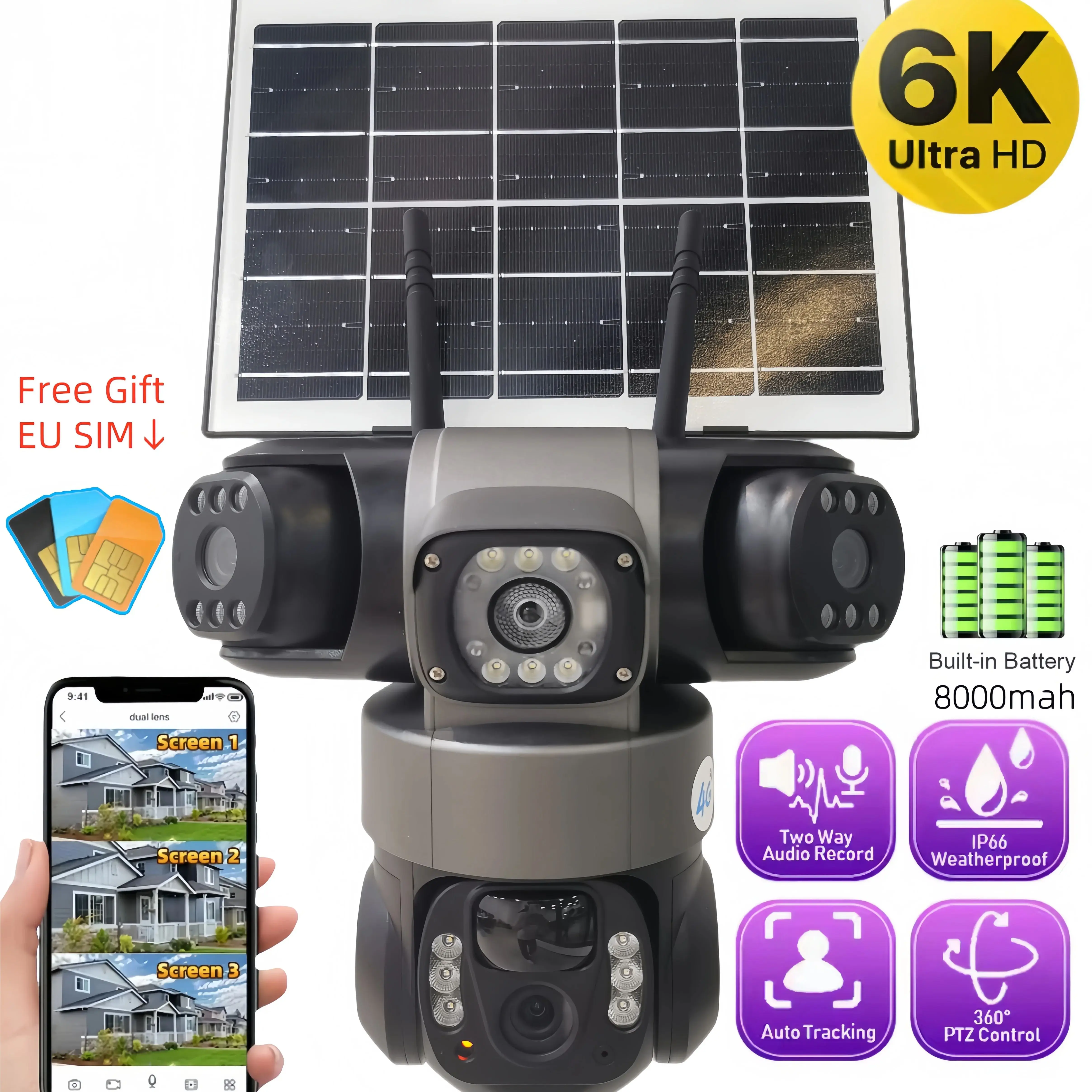 

Solar 4G Camera With Sim Card 12MP 6K Three Lens Three Screens Monitor Night Vision Security Protection CCTV Video Surveillance