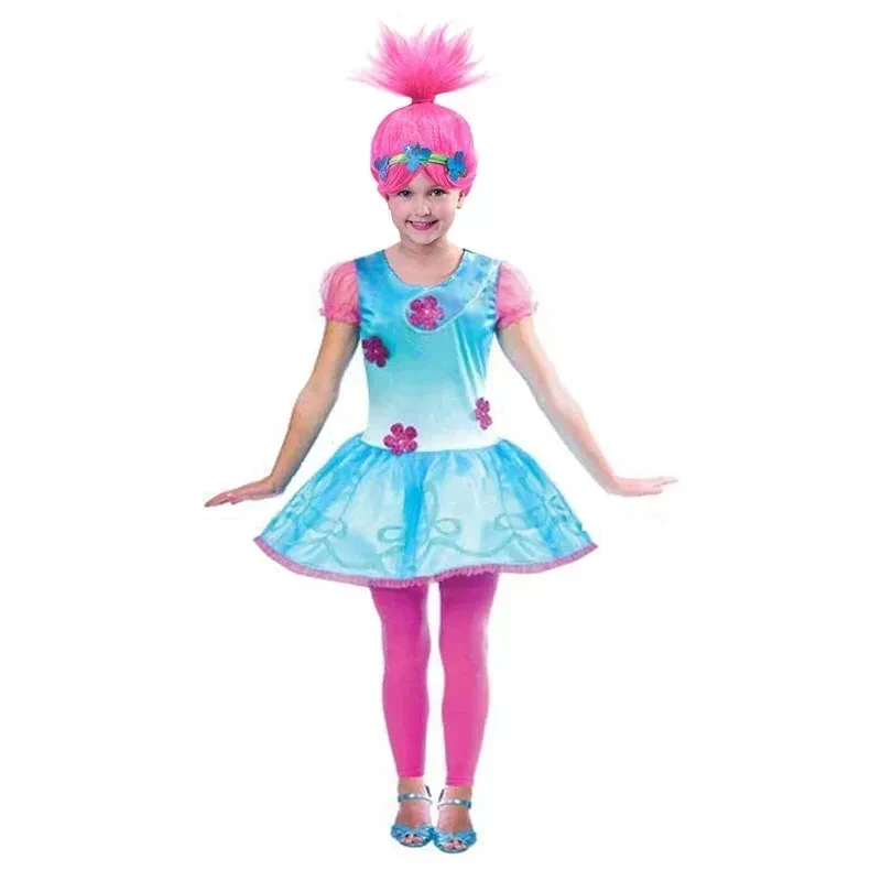 ♥ Conjunto de peluca y vestidos AA, disfraz infantil para niñas, disfraces de carnaval para niños, vestido Vaiana, ropa de fiesta de Trolls Poppy, nuevo 2026