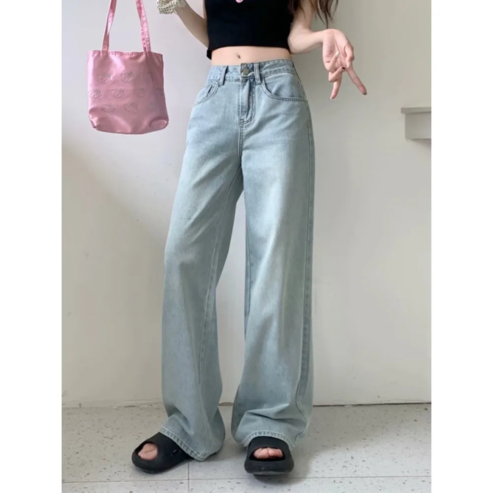 

Korea Light Blue High Waist Wide Leg Jeans Casual Fashion Baggy Pantalones Embroidery Design Vaqueros Vintage Women Denim Pants