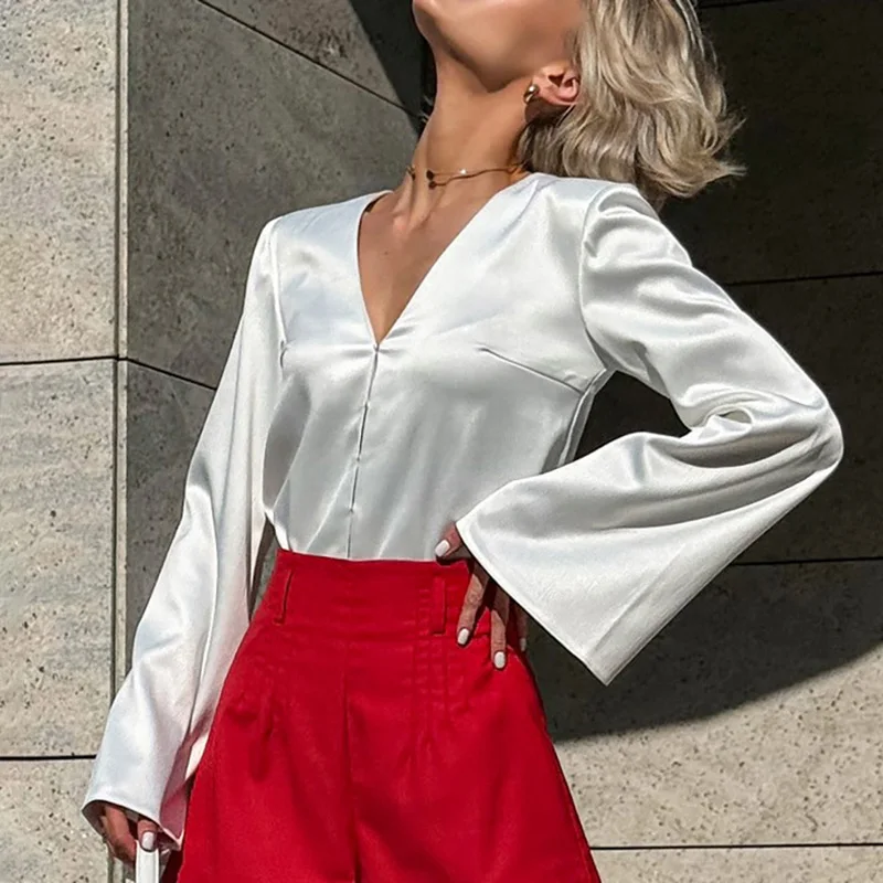 

Модные женские блузки с V-образным вырезом, однотонные, весна-лето, в стиле пэчворк, повседневные, элегантные, новые, для офиса и улицы