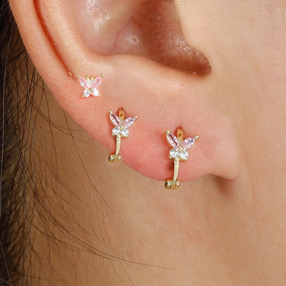 3 szt. Zestawów ze stali nierdzewnej cyrkon motyl Huggie Hoop kolczyk dla kobiet mały śliczny motyl Helix Piercing Stud biżuteria — zdjęcie 4