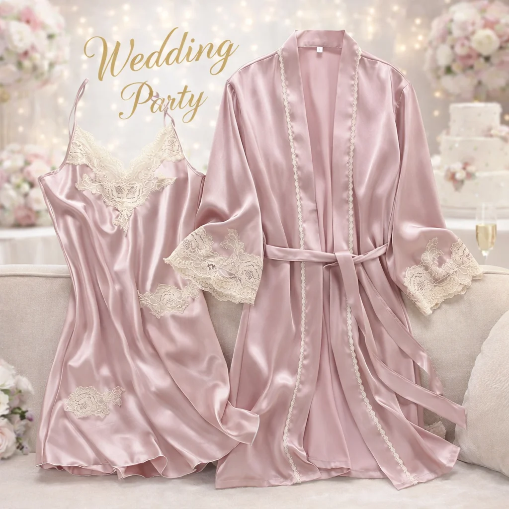 

Luxury Lace Patchwork Nightdress Wedding Bride Dress Suit Women Female Spring Autumn Sexy Silk Satin Nightgown Two-Piece Set
