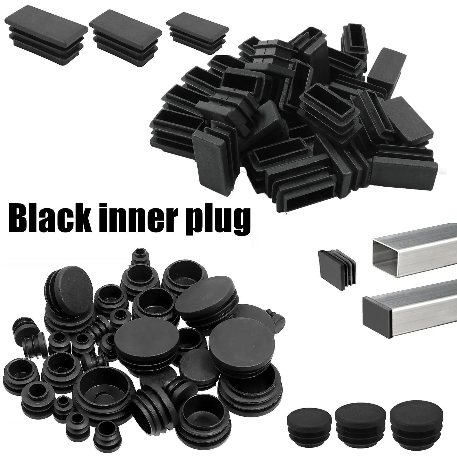 

10/16pcs Black Plastic Blanking End Caps Square/Round Steel Tube Pipe Inserts Plug Anti Skid Furniture Leg Caps Floor Protection