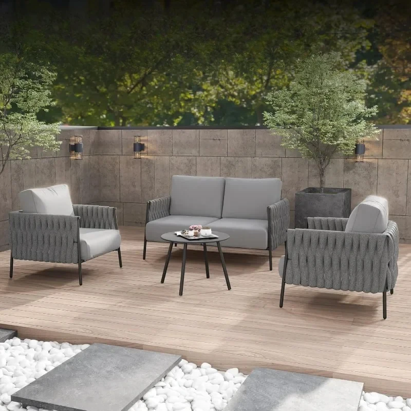 Outdoor Furniture with Coffee Table, Patio Conversation Set Deep Seating with Thick Cushion, Backyard Porch Balcony