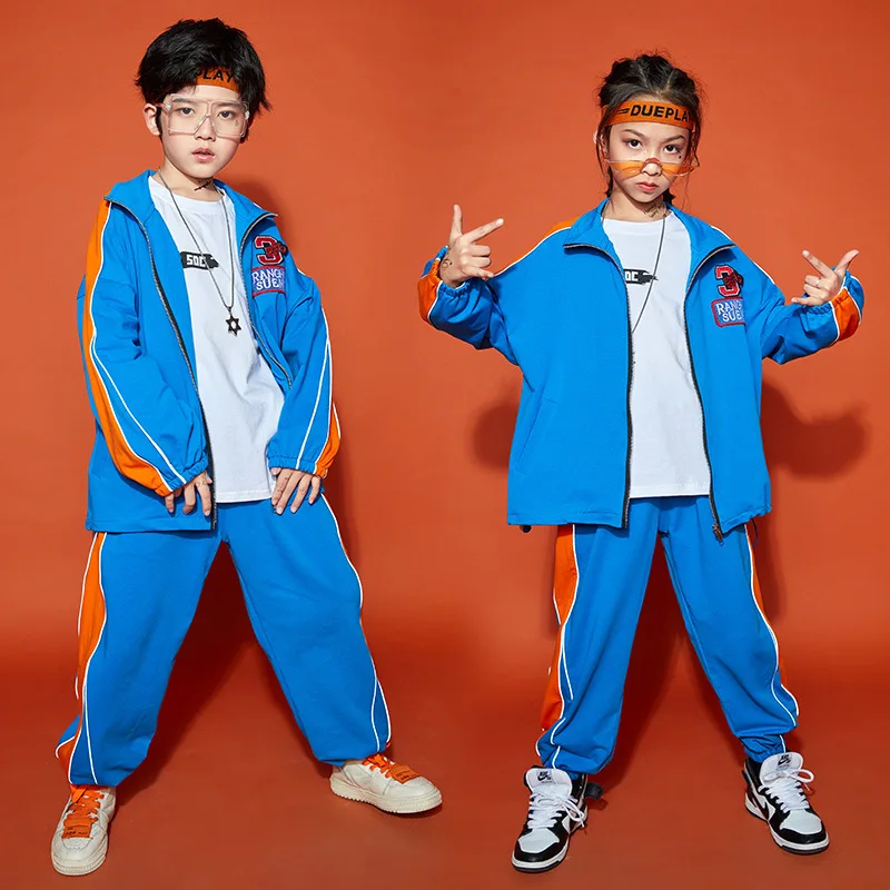 Fashion Hip Hop Costume Boy Suit Letter Print Patchwork Top + Pants 2pcs Catwalk Show Clothes Jazz Street Dance Outfits for Girl