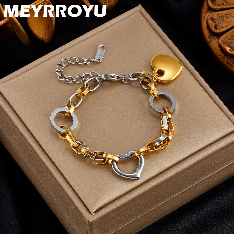 MEYRROYU 316 Stainless Steel New Fashion Hiphop Heart Charm Chain Bracelet for Women Wedding Jewelry Party Gift pulseras mujer