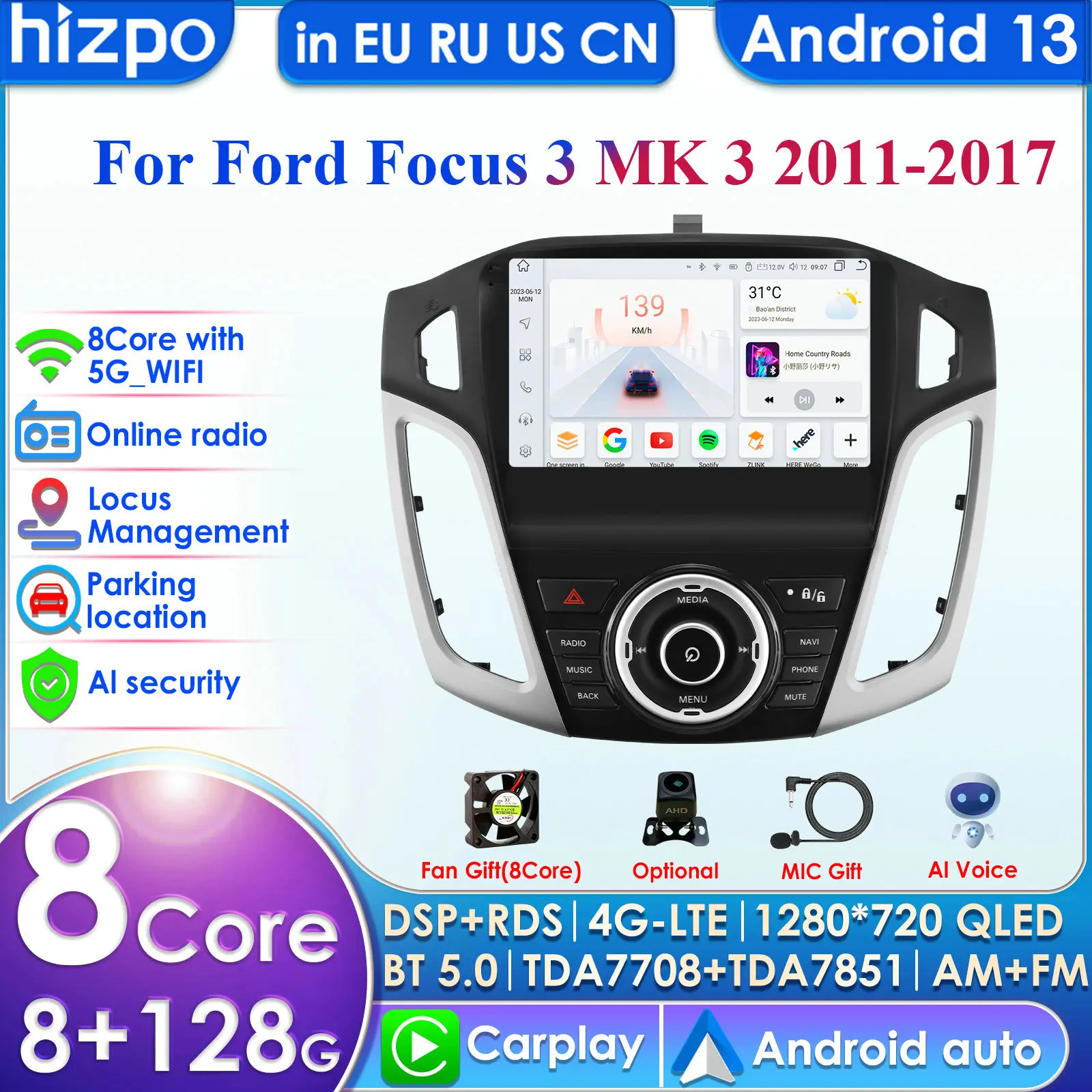 2din Android Autoradio for Ford Focus 3 MK 3 2011 - 2019 Car Radio Multimedia Video Player GPS Navi Head Unit Carplay Auto 4G PC