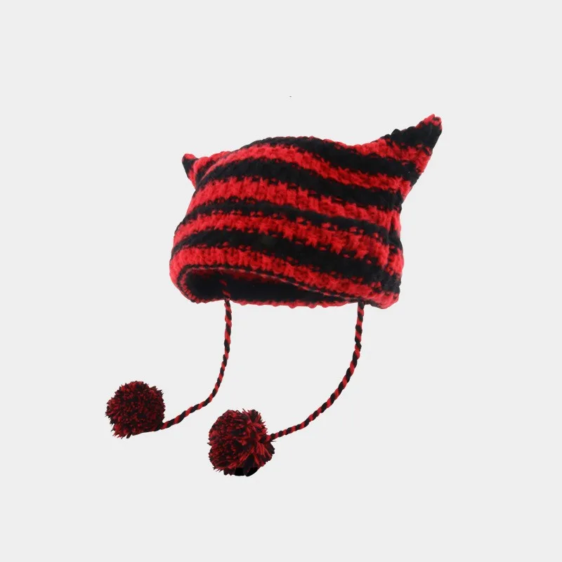 Imp Cat Ears Wool Cap Fall and Winter Warm with Striped Knit Cap Street Hip-hop Cap Wool Ball Cotton Cap Ear Protection Head Cap