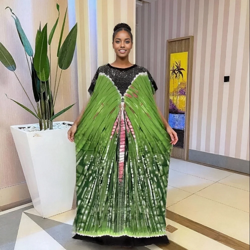 Nova moda verão cachecol diamante casual indústria pesada estampa africana vestido de algodão feminino