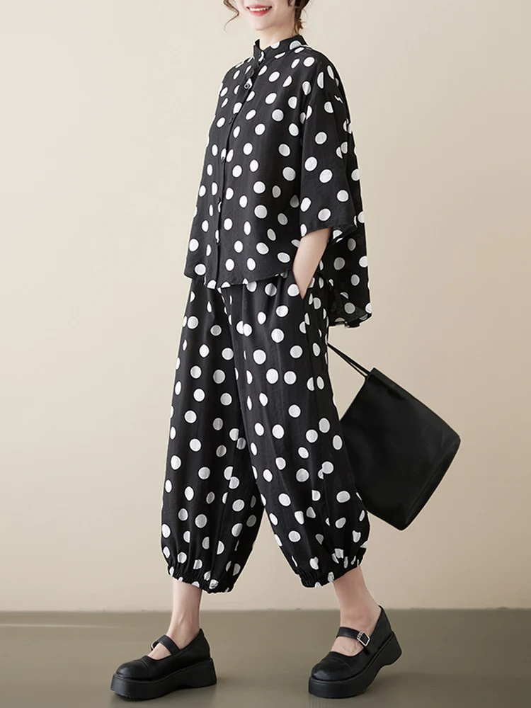 

plus Size Fashionable Set Women Summer Loose Polka Dot Top Harlan Pants Casual Two Piece Set Conceal Meat Look Slimming