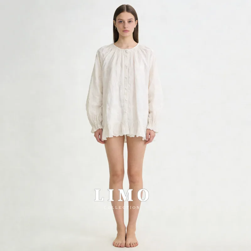 

Женская белая блузка LIMO 2026 с вышивкой, круглым вырезом, пышными рукавами, оборками, свободного кроя, повседневная, модная рубашка