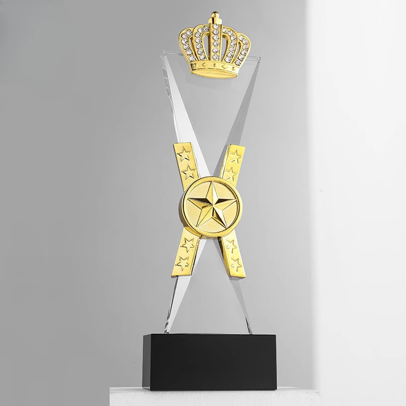 Customized Transparent Crystal Trophy Excellent Staff Company Annual Meeting Award, Home Decoration Outstanding Metal Crown, 1Pc