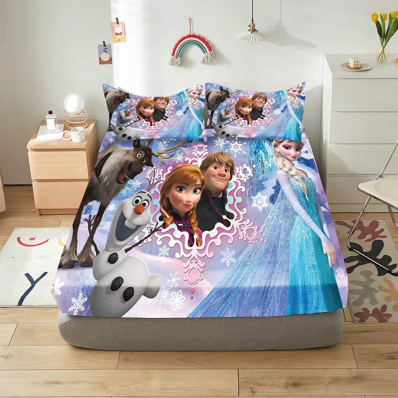 Princess Elsa Fitted Sheet  Home Decor Bedding Set Frozen Printed 100% Polyester Anime  2/3pcs Room Bedroom Items