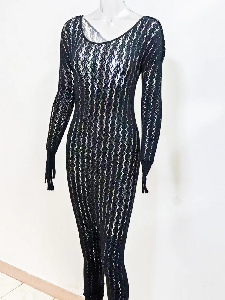 Sheer Hollow Out Jumpsuits Women Summer Round Neck Long Sleeve High Stretch One Piece Jumpsuit Rompers Thin Sexy Overalls