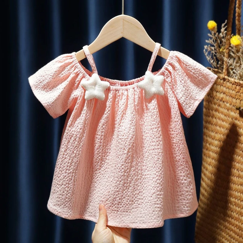 

2026 New Baby Girl Clothes Off Shoulder Short Sleeve Chiffon Blouse Kids Fashion Cute Summer Top for Infant Toddler