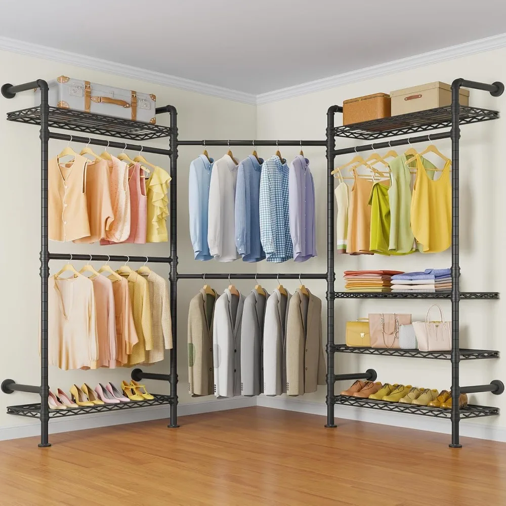 L3 L Shape Garment Rack Heavy Duty Clothes Rack for Hanging Clothes, Expandable Industrial Pipe Wall Mounted Clothing Rack