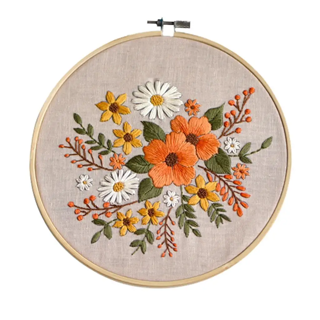 Pre-printed Full Range of Floral Cross Stitch Needle Embroidery Starter Kit Hoop