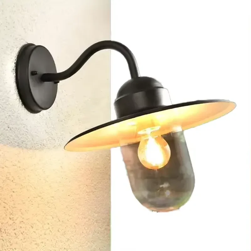 Industrial Vintage Waterproof Aluminum Black E27 Outdoor Garden Wall Light with Tempered Glass Diffuser