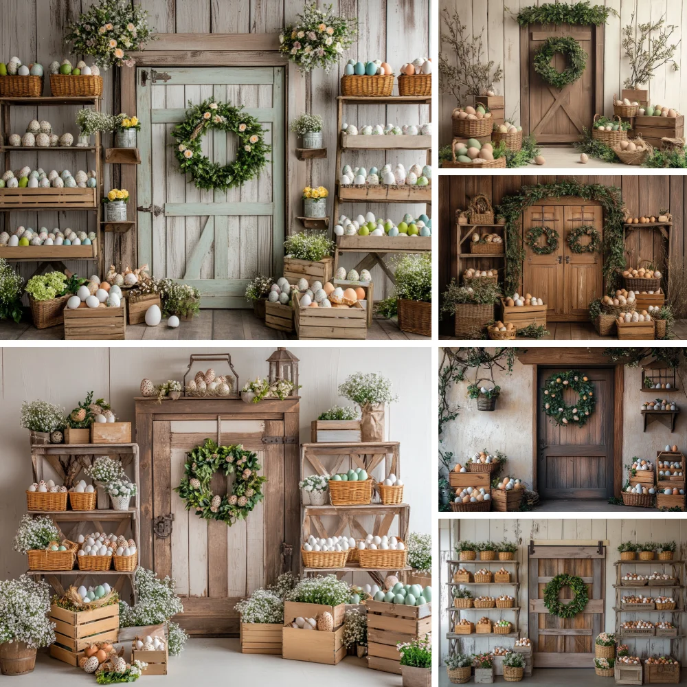 

Spring Easter Photography Background Rustic Wooden Door Egg Flowers Bunny Baby Shower Birthday Decor Backdrop Photo Studio Props