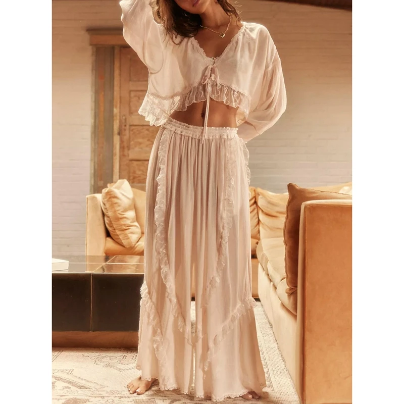 Combhasaki Womens 2Piece Chic Loungewear Outfits Set Long Sleeve Tie-up Front Ruffle Sheer Crop Top+Elastic Waist Wide Leg Pants