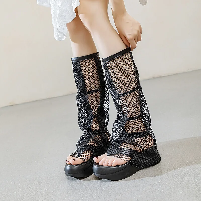 

Krasovki 6cm Thick Heels Peep Toe ZIP Summer Hollow Women Boots Motorcycle Platform Air Mesh Knee High Boots Breathable Shoes