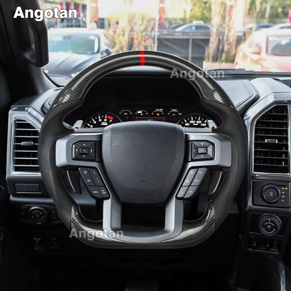 عجلة قيادة من ألياف الكربون الحقيقية لسيارة فورد F150 عجلة القيادة 2015-2020 بدون فتحات مجداف قبضة جلدية مثقوبة