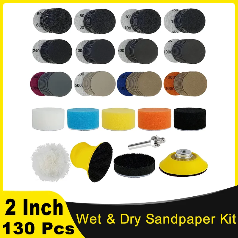 

2 Inch Wet and Dry Sandpaper Kit 130 Pcs 60-10000 with 1/4" Shank Backing Pad and Foam Buffering Pad for Car Wood Metal Drywall