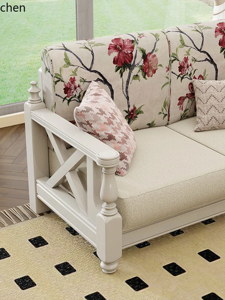 CZ11 White Sofa Solid Wood Fabric Retro Country Style Small Apartment Living Room Three-Seater 123 Combination
