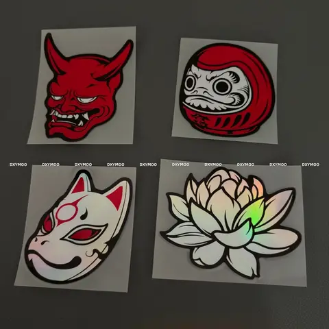 Japanese Holographic Vinyl Stickers Oni Daruma Fox Mask Lotus Decals For Car Motorcycle Laptop