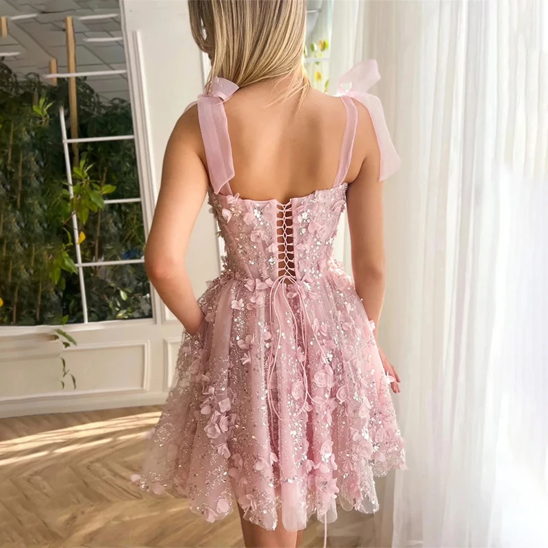 3D Flower Mini Homecoming Dress Prom Dresses Bohemian Spaghetti Straps Sequins Cocktail Party Gown Vestidos de Graduación