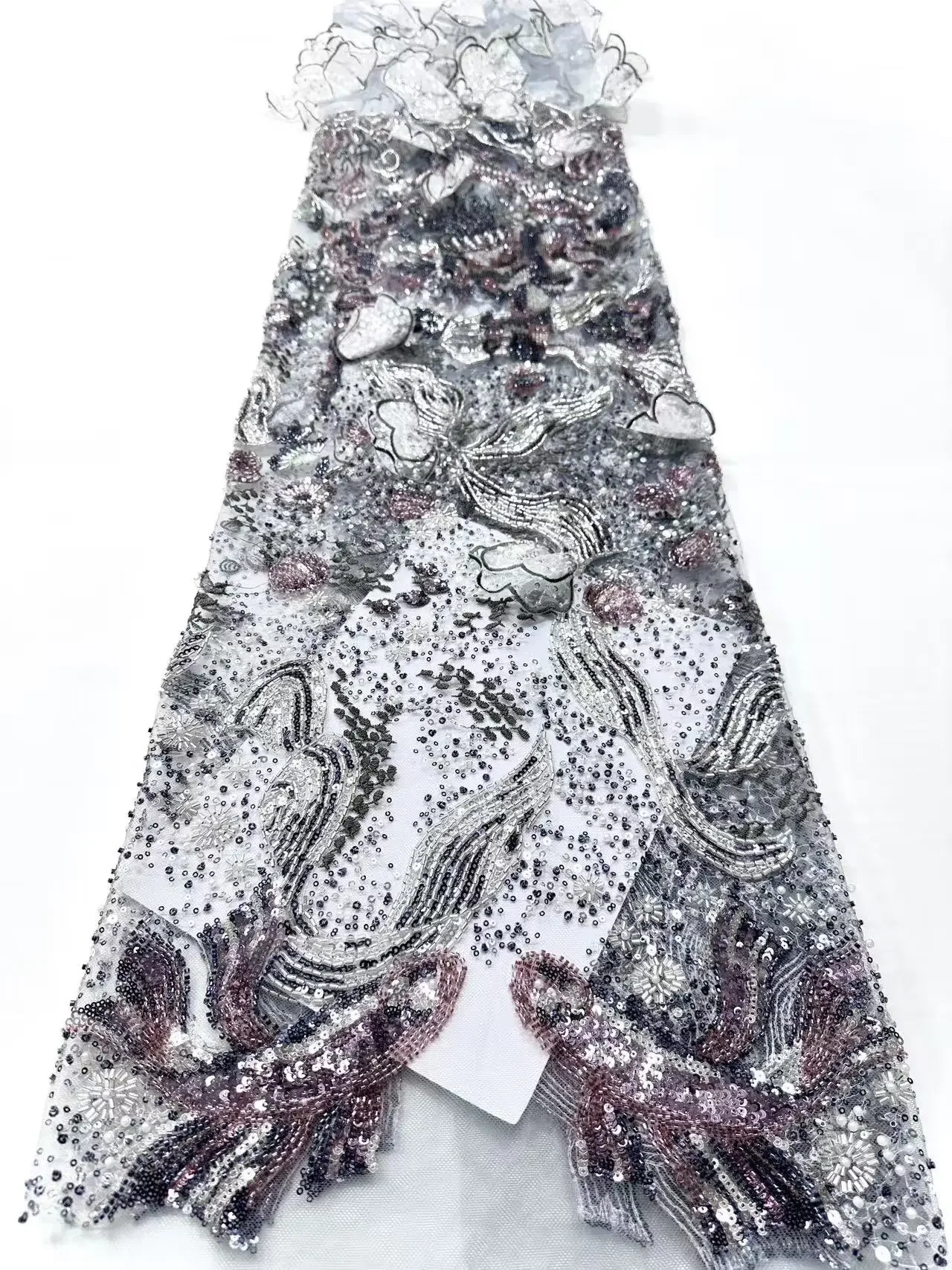 New African Heavy Beaded Lace Fabric 2025 High Quality Nigerian Sequins Lace French Tulle Fabric for Wedding Party Dress TP1419